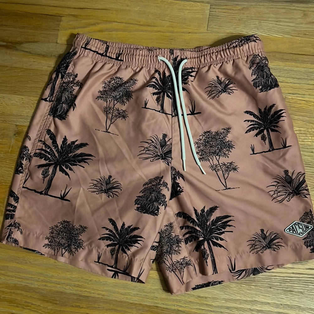 Mens PacSun Bathing Suit Swim Trunks lined Size Small Palm Trees rear pocket